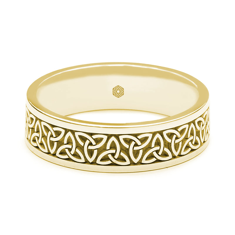 Horizontal Shot of Mens 18ct Yellow Gold Flat Court Ring With Trinity Knots