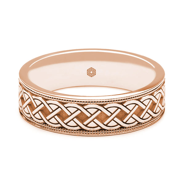 Horizontal Shot of Mens 9ct Rose Gold Flat Court Wedding Ring With a Millgrain Edge and Rope Pattern