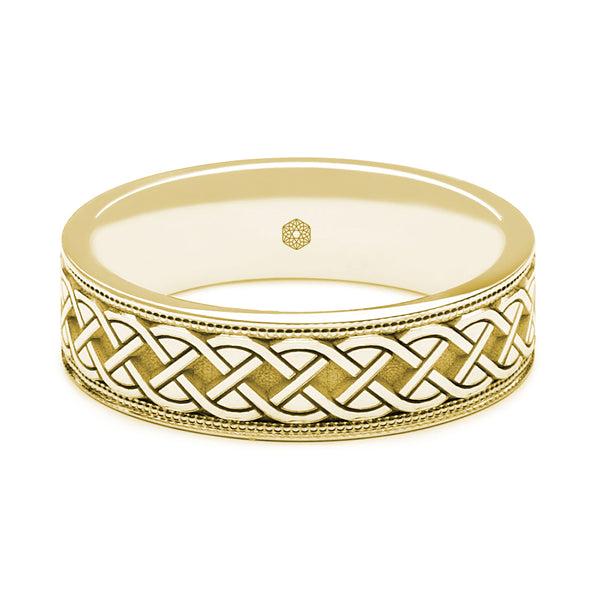 Horizontal Shot of Mens 9ct Yellow Gold Flat Court Wedding Ring With a Millgrain Edge and Rope Pattern