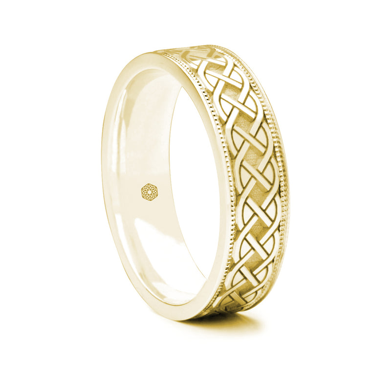 Mens 9ct Yellow Gold Flat Court Wedding Ring With a Millgrain Edge and Rope Pattern