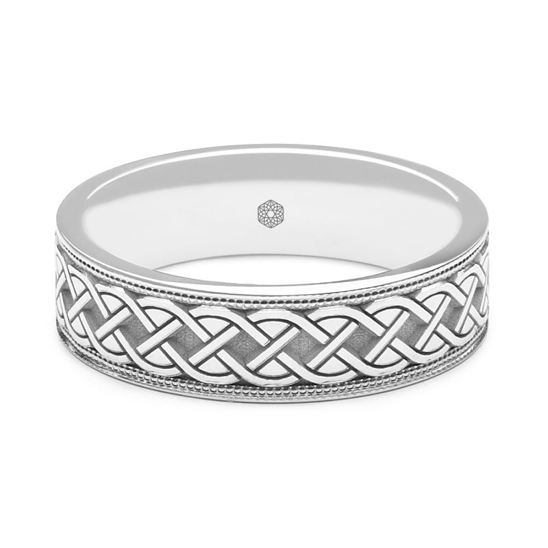 Horizontal Shot of Mens Platinum 950 Flat Court Wedding Ring With a Millgrain Edge and Rope Pattern