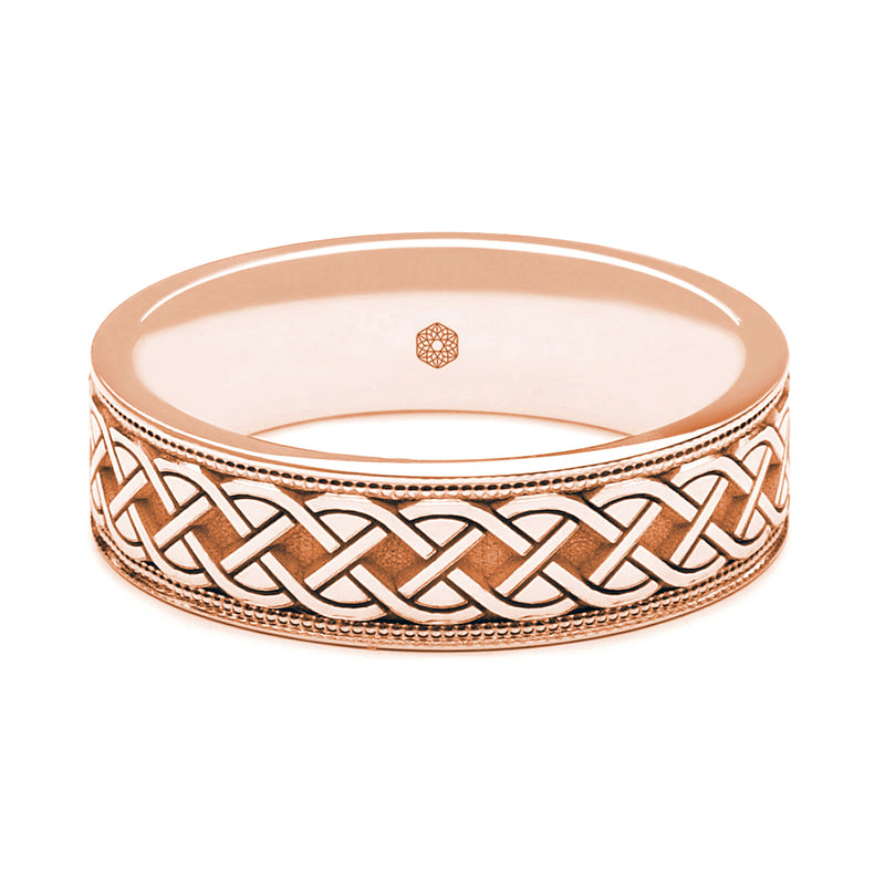 Horizontal Shot of Mens 18ct Rose Gold Flat Court Wedding Ring With a Millgrain Edge and Rope Pattern