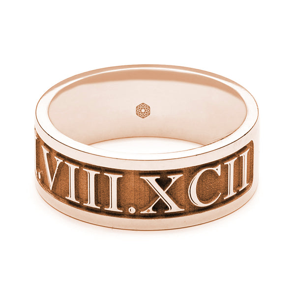 Horizontal Shot of Mens 9ct Rose Gold Flat Court Wedding Ring with Roman Numerals