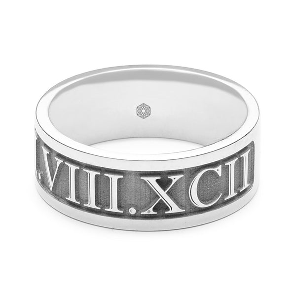 Horizontal Shot of Mens 9ct White Gold Flat Court Wedding Ring with Roman Numerals
