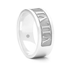 Mens 9ct White Gold Flat Court Wedding Ring with Roman Numerals