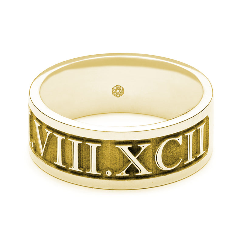 Horizontal Shot of Mens 18ct Yellow Gold Flat Court Ring with Roman Numerals