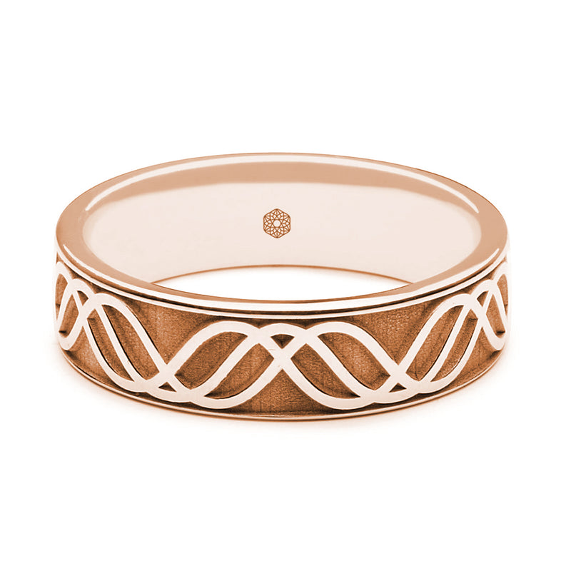 Horizontal Shot of Mens 9ct Rose Gold Flat Court Wedding Ring with Wave pattern