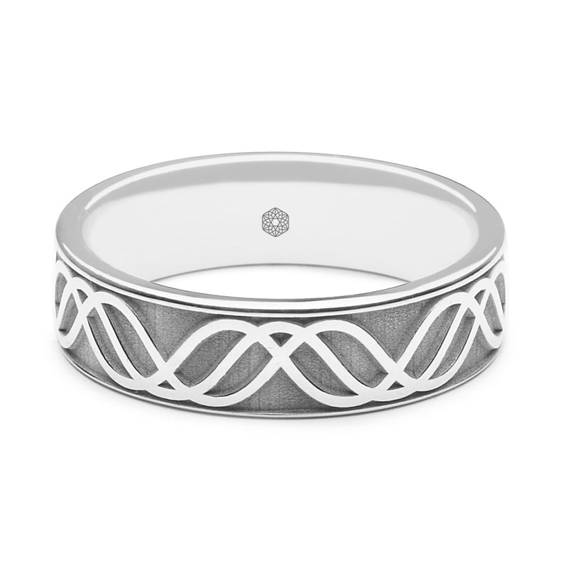 Horizontal Shot of Mens 9ct White Gold Flat Court Wedding Ring with Wave pattern