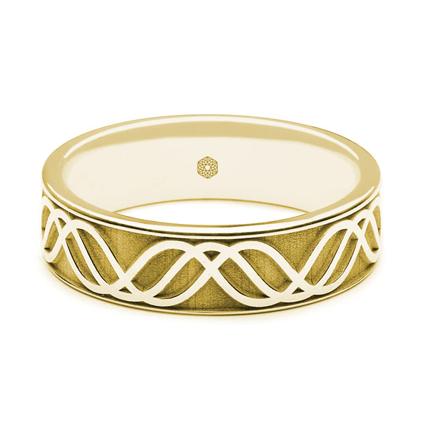 Horizontal Shot of Mens 9ct Yellow Gold Flat Court Wedding Ring with Wave pattern