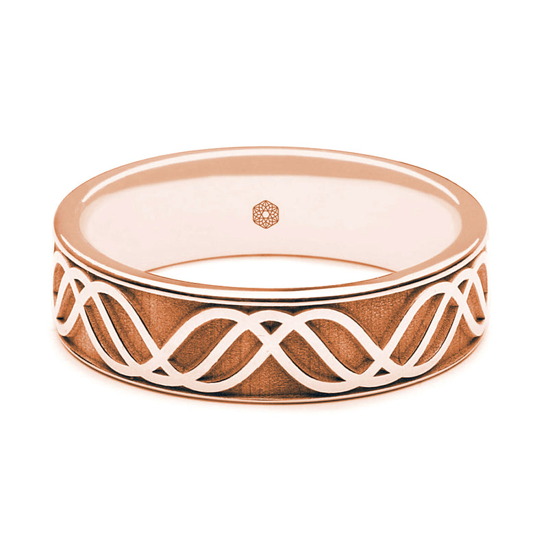 Horizontal Shot of Mens 18ct Rose Gold Flat Court Wedding Ring with Wave pattern