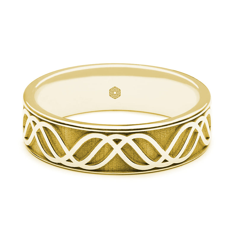 Horizontal Shot of Mens 18ct Yellow Gold Flat Court Ring with Wave pattern