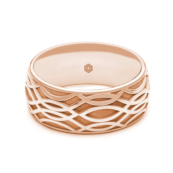 Horizontal Shot of Mens 9ct Rose Gold Court Shape Wedding Ring With Open Weave Pattern