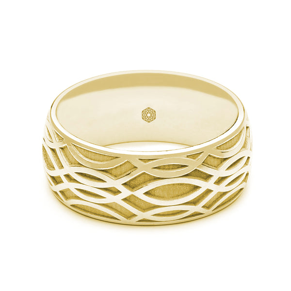 Horizontal Shot of Mens 9ct Yellow Gold Court Shape Wedding Ring With Open Weave Pattern