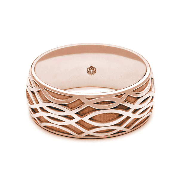 Horizontal Shot of Mens 18ct Rose Gold Court Shape Wedding Ring With Open Weave Pattern