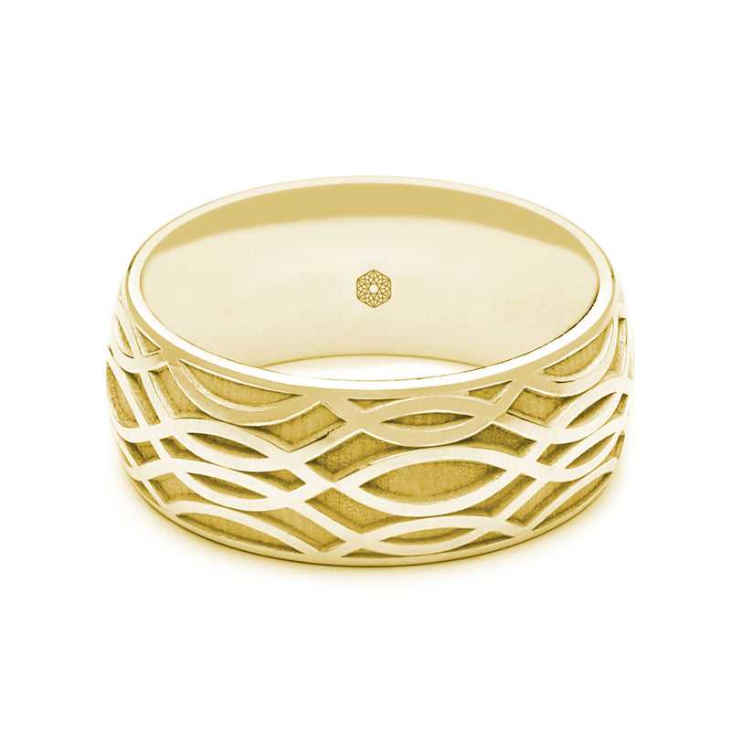 Horizontal Shot of Mens 18ct Yellow Gold Court Shape Ring With Open Weave Pattern