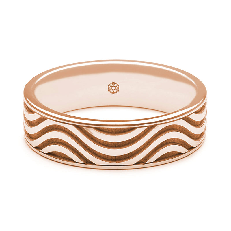 Horizontal Shot of Mens 9ct Rose Gold Flat Court Shape Wedding Ring With Multi-Wave pattern