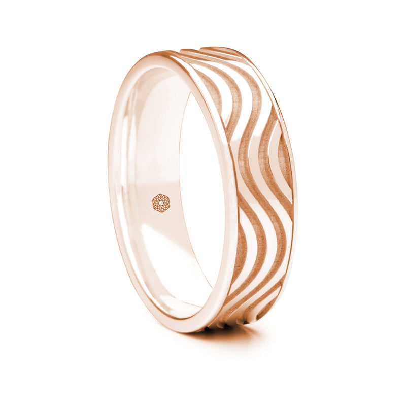 Mens 9ct Rose Gold Flat Court Shape Wedding Ring With Multi-Wave pattern