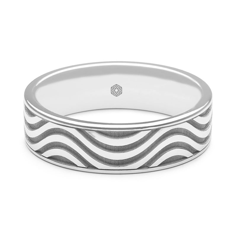 Horizontal Shot of Mens 9ct White Gold Flat Court ShapeWedding Ring With Multi-Wave pattern