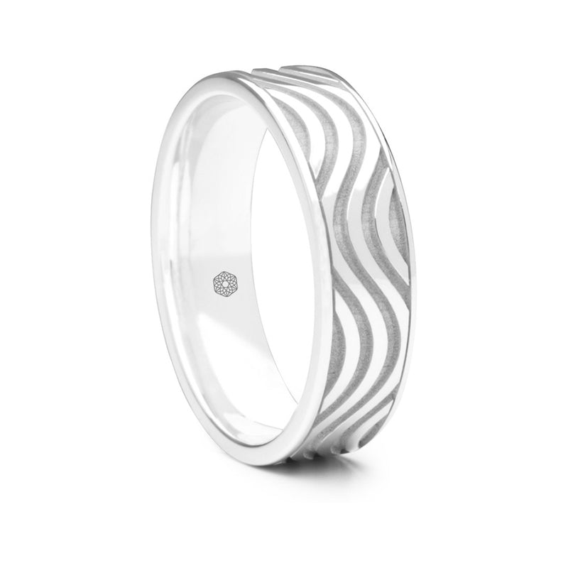 Mens 9ct White Gold Flat Court ShapeWedding Ring With Multi-Wave pattern