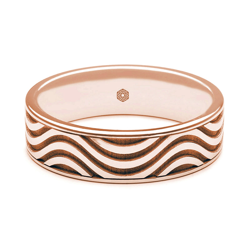 Horizontal Shot of Mens 18ct Rose Gold Flat Court ShapeWedding Ring With Multi-Wave pattern