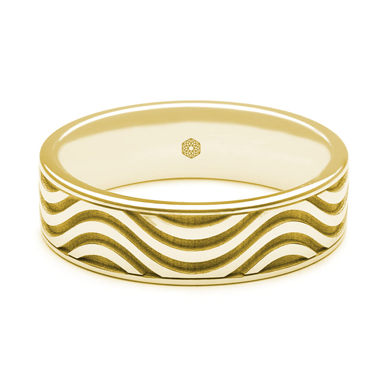 Horizontal Shot of Mens 18ct Yellow Gold Flat Court ShapeRing With Multi-Wave pattern