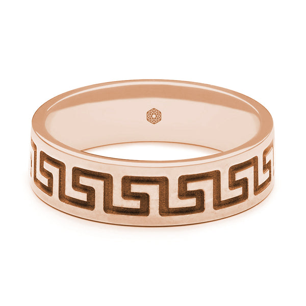 Horizontal Shot of Mens 9ct Rose Gold Flat Court Wedding Ring With Single Row Greek Key Pattern