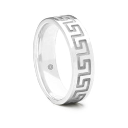 Mens 9ct White Gold Flat Court Wedding Ring With Single Row Greek Key Pattern