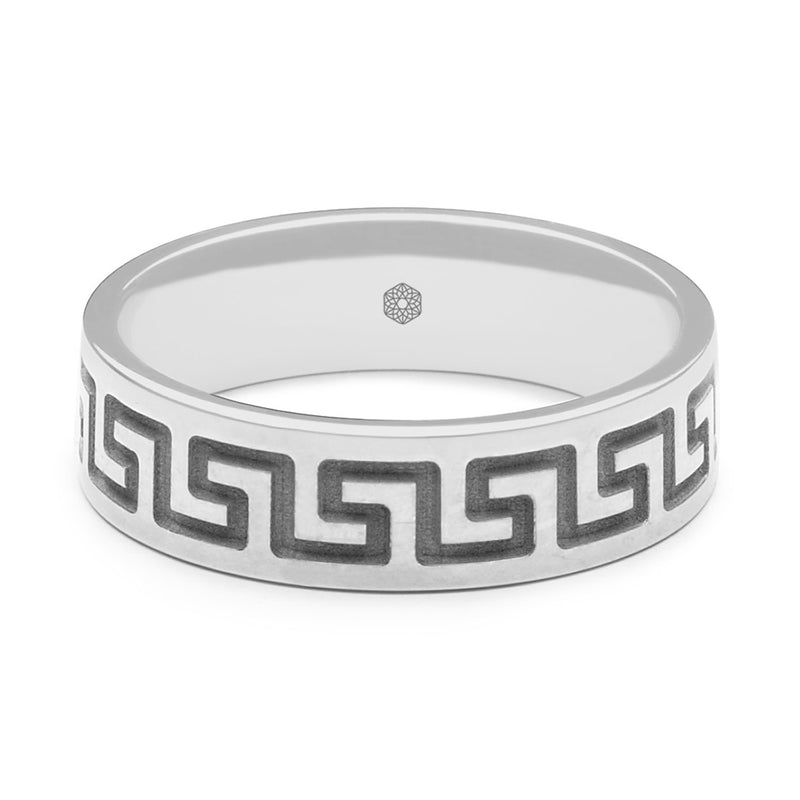 Horizontal Shot of Mens 18ct White Gold Flat Court Wedding Ring With Single Row Greek Key Pattern