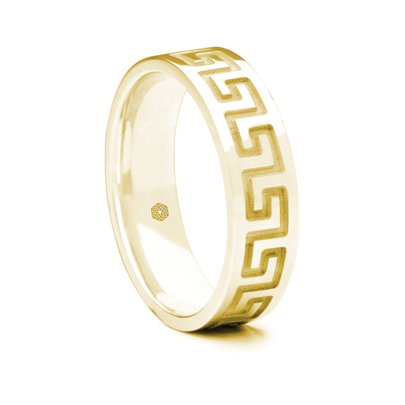 Mens 18ct Yellow Gold Flat Court Ring With Single Row Greek Key Pattern