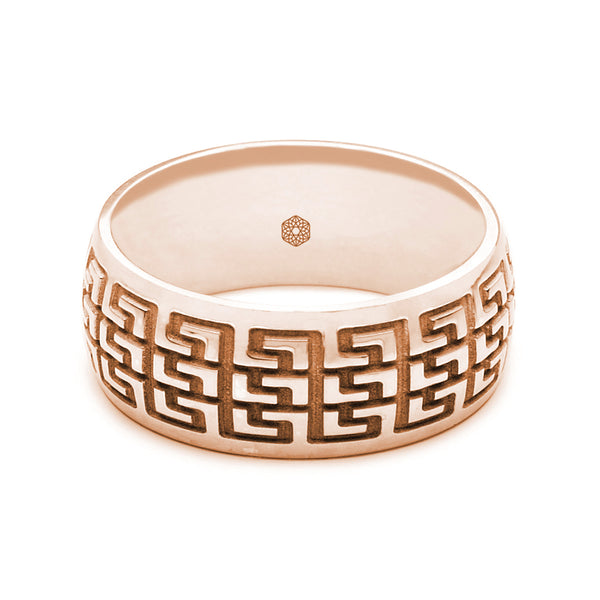 Horizontal Shot of Mens 9ct Rose Gold Court Shape Wedding Ring With Multiple Greek Key Pattern