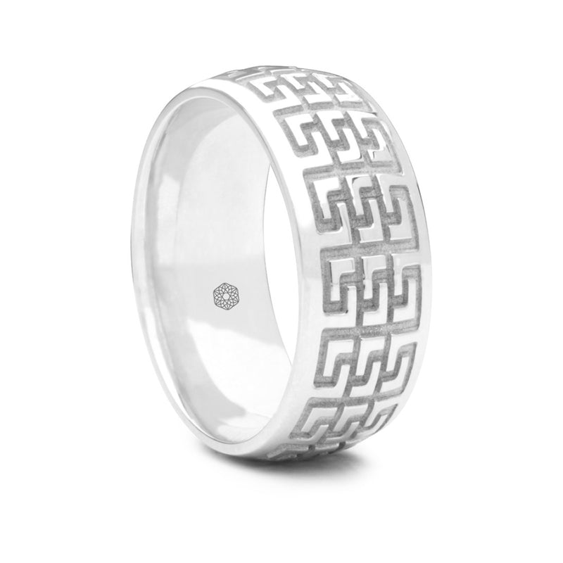 Mens 9ct White Gold Court Shape Wedding Ring With Multiple Greek Key Pattern