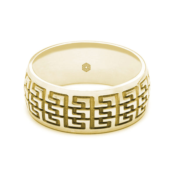 Horizontal Shot of Mens 9ct Yellow Gold Court Shape Wedding Ring With Multiple Greek Key Pattern