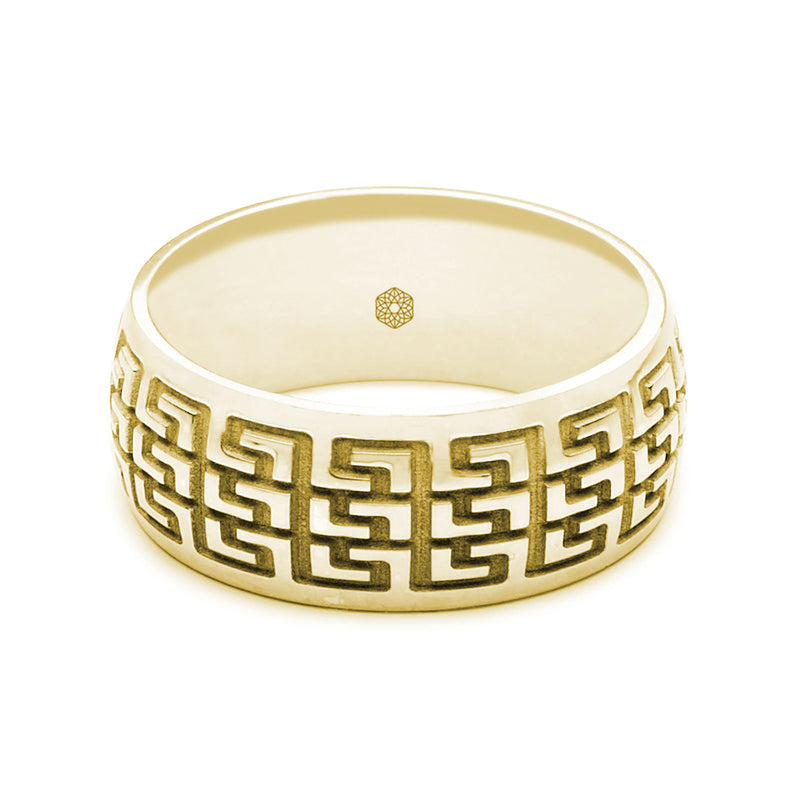 Horizontal Shot of Mens 9ct Yellow Gold Court Shape Wedding Ring With Multiple Greek Key Pattern