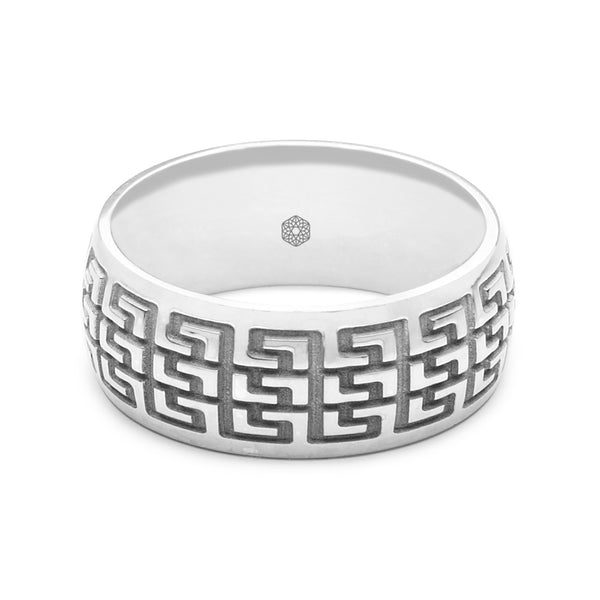 Horizontal Shot of Mens 18ct White Gold Court Shape Wedding Ring With Multiple Greek Key Pattern