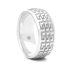 Mens 18ct White Gold Court Shape Wedding Ring With Multiple Greek Key Pattern