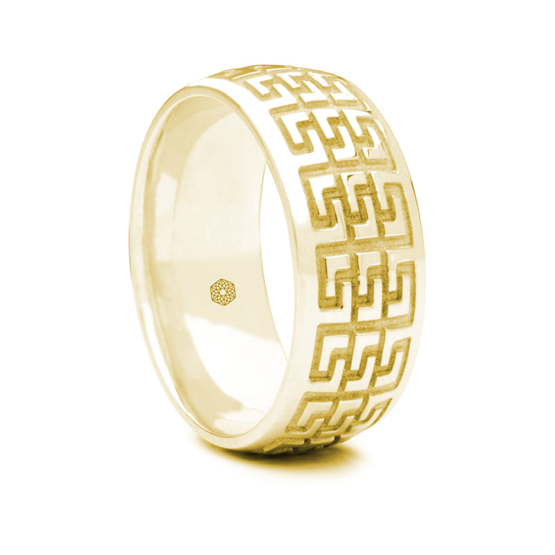 Mens 18ct Yellow Gold Court Shape Ring With Multiple Greek Key Pattern