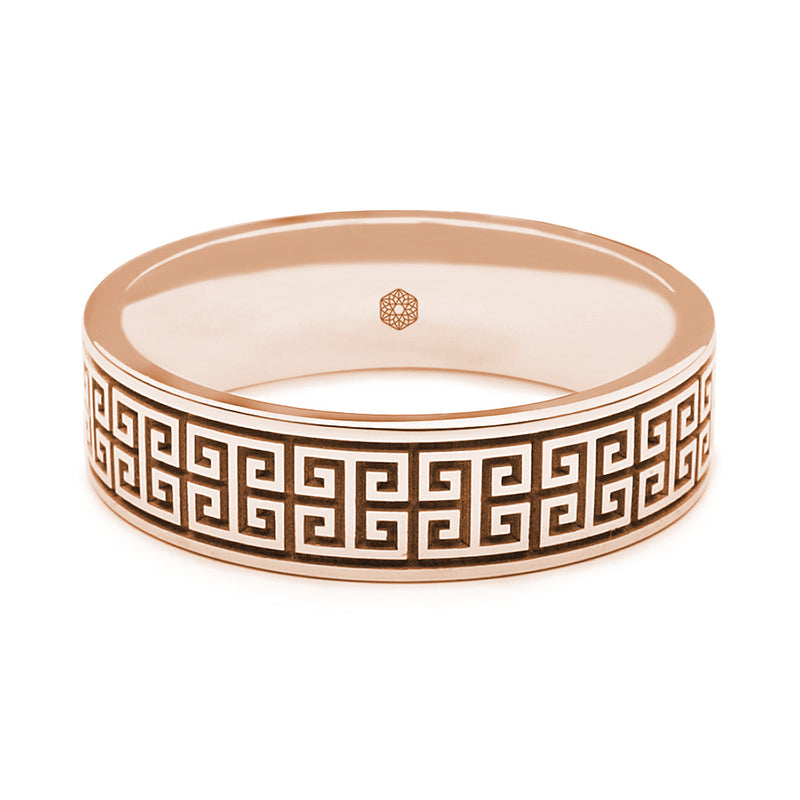 Horizontal Shot of Mens 9ct Rose Gold Flat Court Wedding Ring With Interlocking Greek Key Pattern