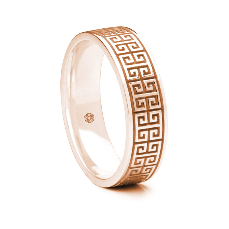 Mens 9ct Rose Gold Flat Court Wedding Ring With Interlocking Greek Key Pattern