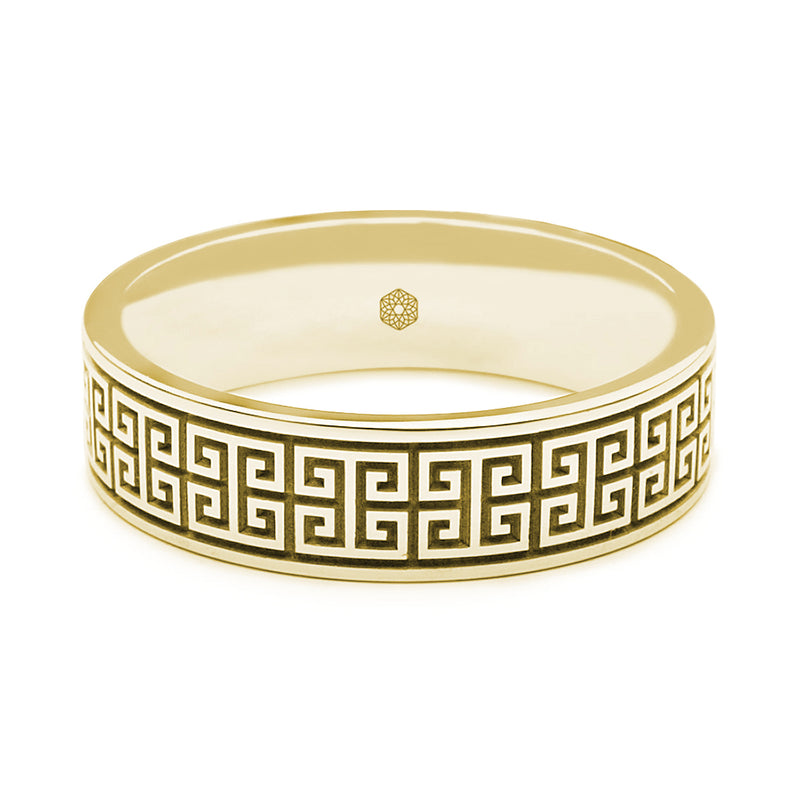 Horizontal Shot of Mens 9ct Yellow Gold Flat Court Wedding Ring With Interlocking Greek Key Pattern