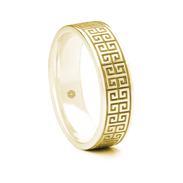 Mens 9ct Yellow Gold Flat Court Wedding Ring With Interlocking Greek Key Pattern