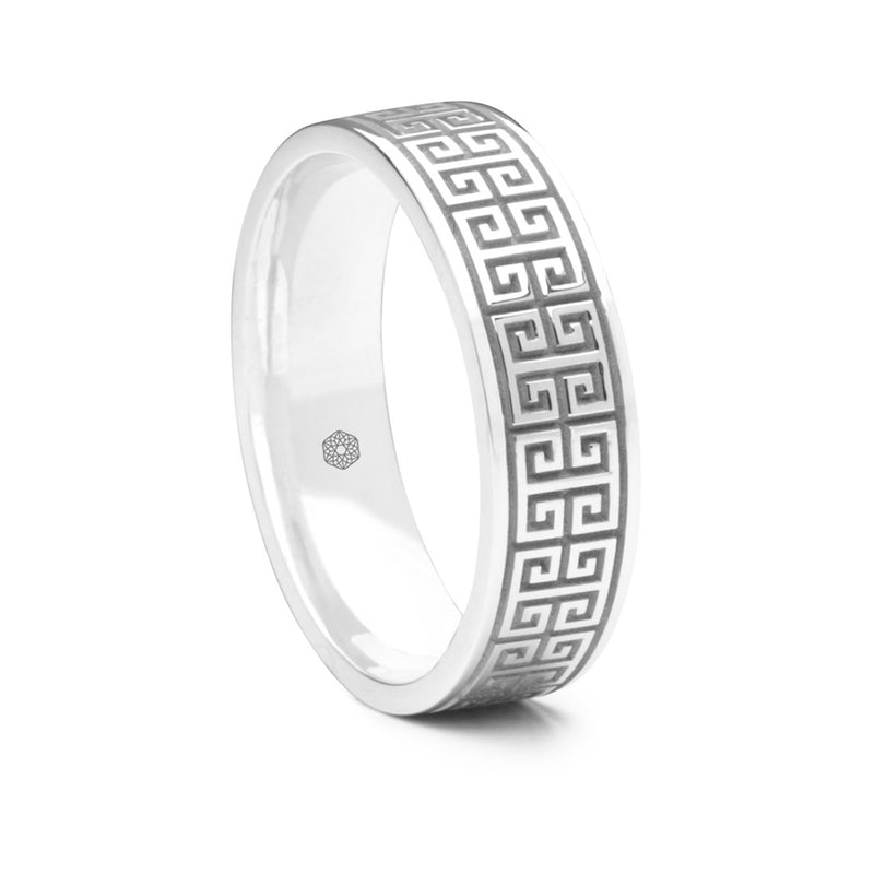 Mens 18ct White Gold Flat Court Wedding Ring With Interlocking Greek Key Pattern