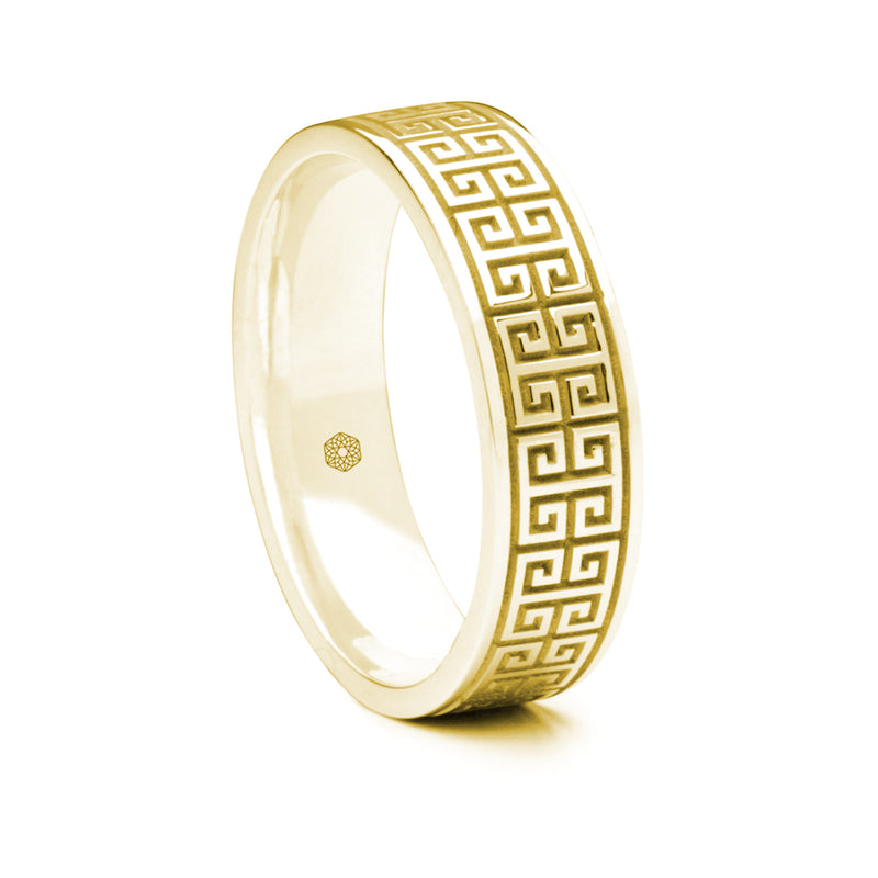 Mens 18ct Yellow Gold Flat Court Ring With Interlocking Greek Key Pattern