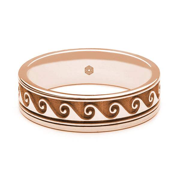 Horizontal Shot of Mens 9ct Rose Gold Flat Court Wedding Ring With Scroll Pattern