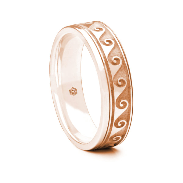 Mens 9ct Rose Gold Flat Court Wedding Ring With Scroll Pattern
