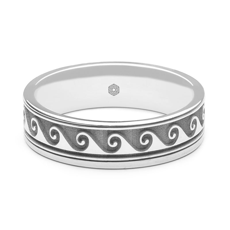 Horizontal Shot of Mens 9ct White Gold Flat Court Wedding Ring With Scroll Pattern