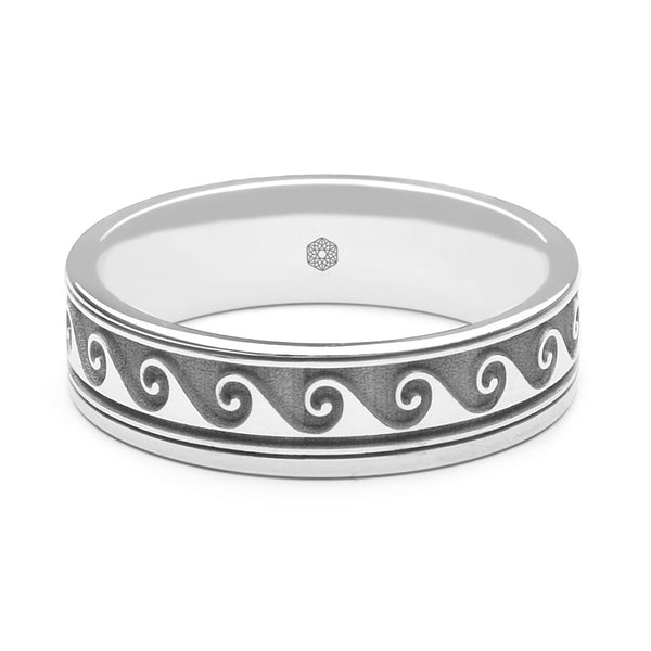 Horizontal Shot of Mens Palladium 500 Flat Court Wedding Ring With Scroll Pattern