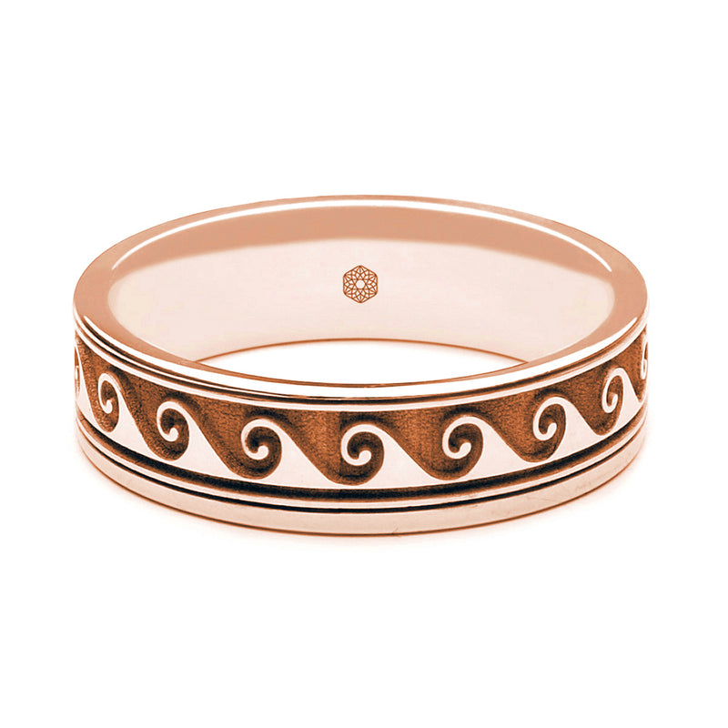 Horizontal Shot of Mens 18ct Rose Gold Flat Court Wedding Ring With Scroll Pattern