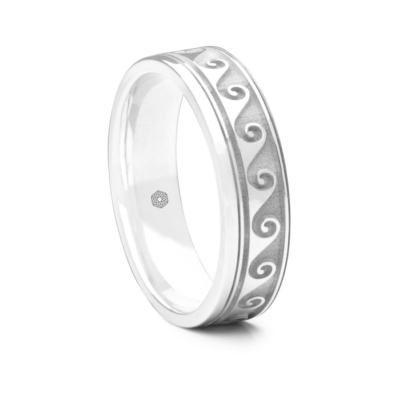Mens 18ct White Gold Flat Court Wedding Ring With Scroll Pattern