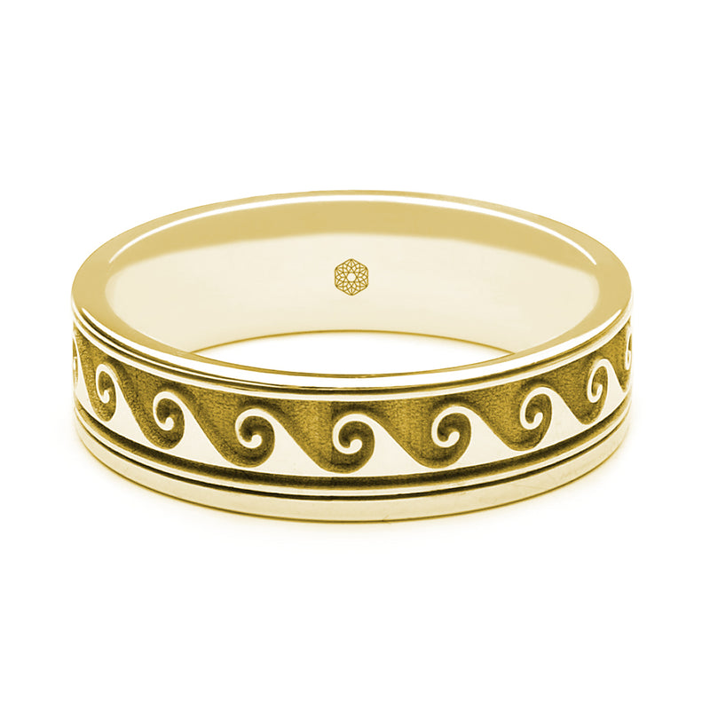 Horizontal Shot of Mens 18ct Yellow Gold Flat Court Ring With Scroll Pattern