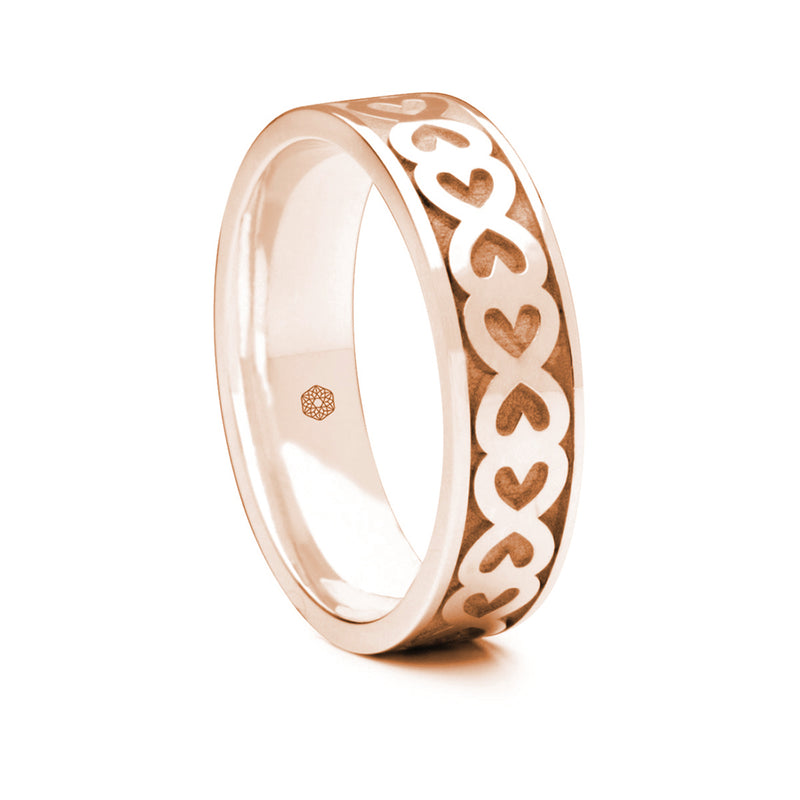 Mens 9ct Rose Gold Flat Court Wedding Ring With Hearts Pattern